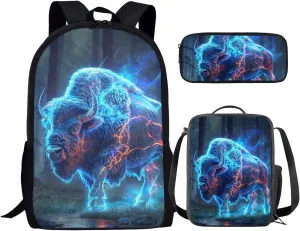 Animal Print Backpack with Lunch Box Pencil Case Cool Lightning American Bison Backpack for Boys Girls Large Capacity Lightweight Blue 17 Inch School Bag Set for Kids
