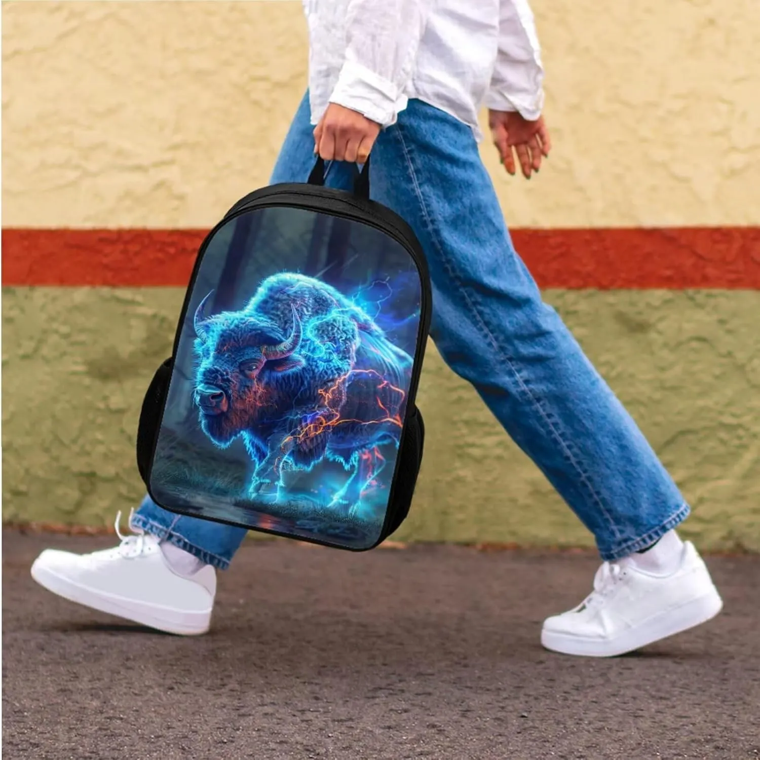 Animal Print Backpack with Lunch Box Pencil Case Cool Lightning American Bison Backpack for Boys Girls Large Capacity Lightweight Blue 17 Inch School Bag Set for Kids