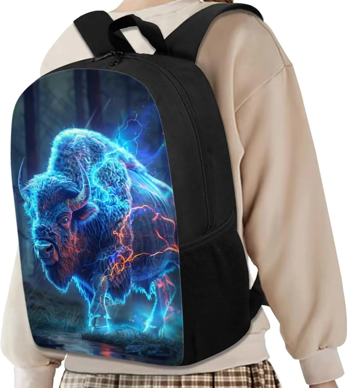 Animal Print Backpack with Lunch Box Pencil Case Cool Lightning American Bison Backpack for Boys Girls Large Capacity Lightweight Blue 17 Inch School Bag Set for Kids