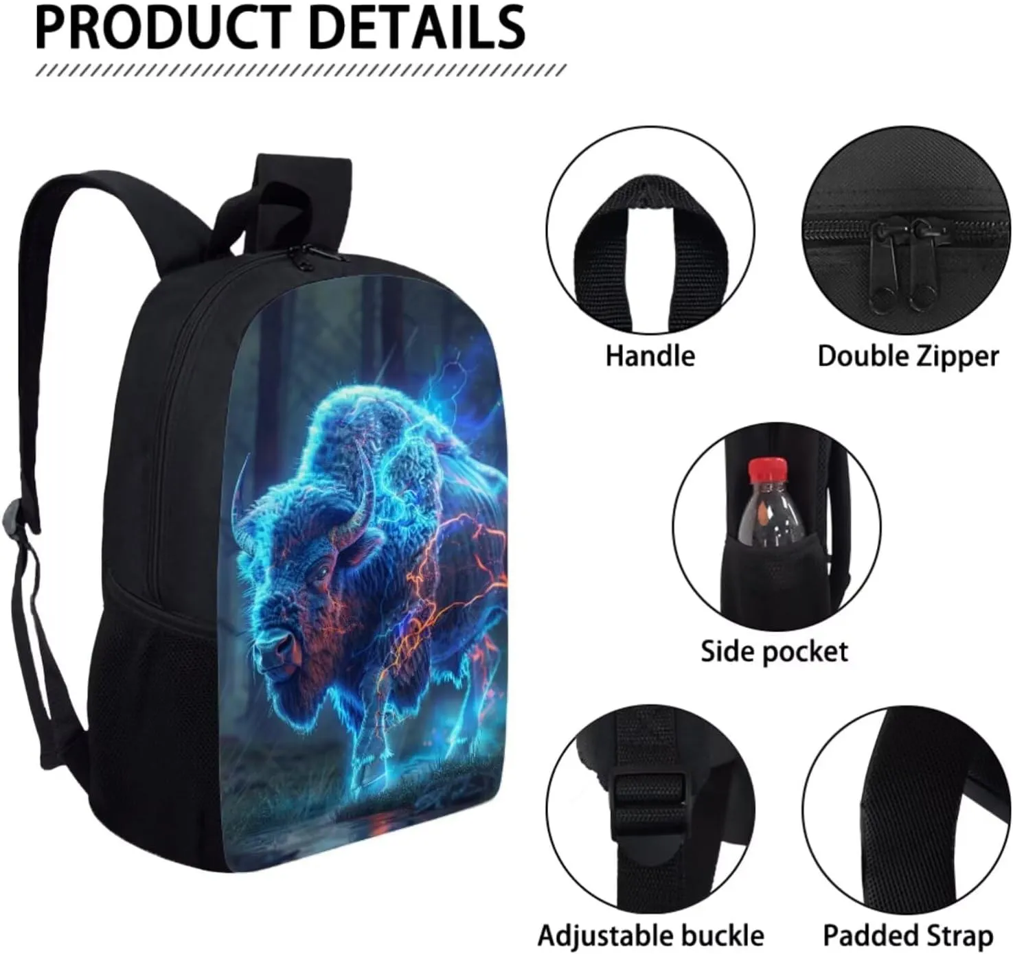 Animal Print Backpack with Lunch Box Pencil Case Cool Lightning American Bison Backpack for Boys Girls Large Capacity Lightweight Blue 17 Inch School Bag Set for Kids
