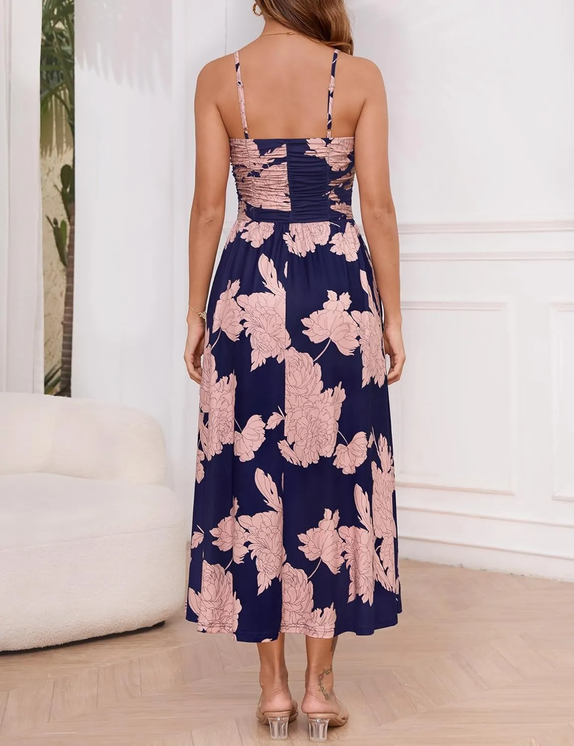 Annebouti Women 2025 Summer Spring Ruched Maxi Dress Adjustable Spaghetti Strap Floral Beach Long Sundress with Pockets