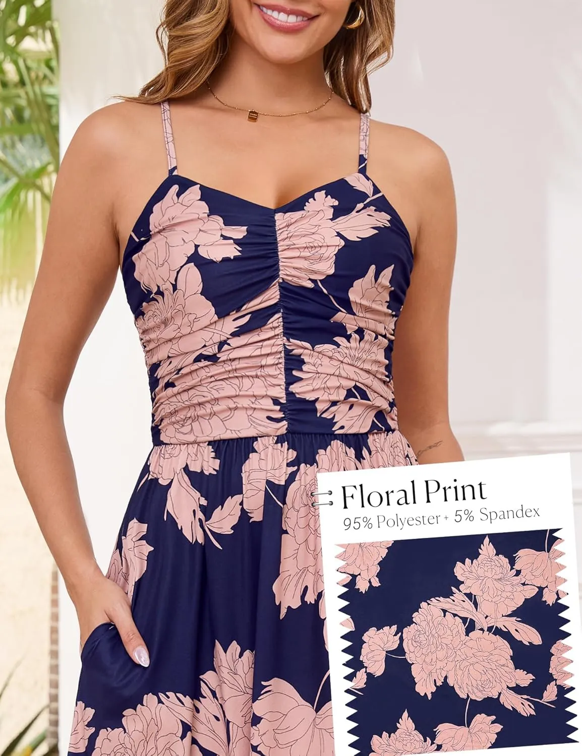 Annebouti Women 2025 Summer Spring Ruched Maxi Dress Adjustable Spaghetti Strap Floral Beach Long Sundress with Pockets