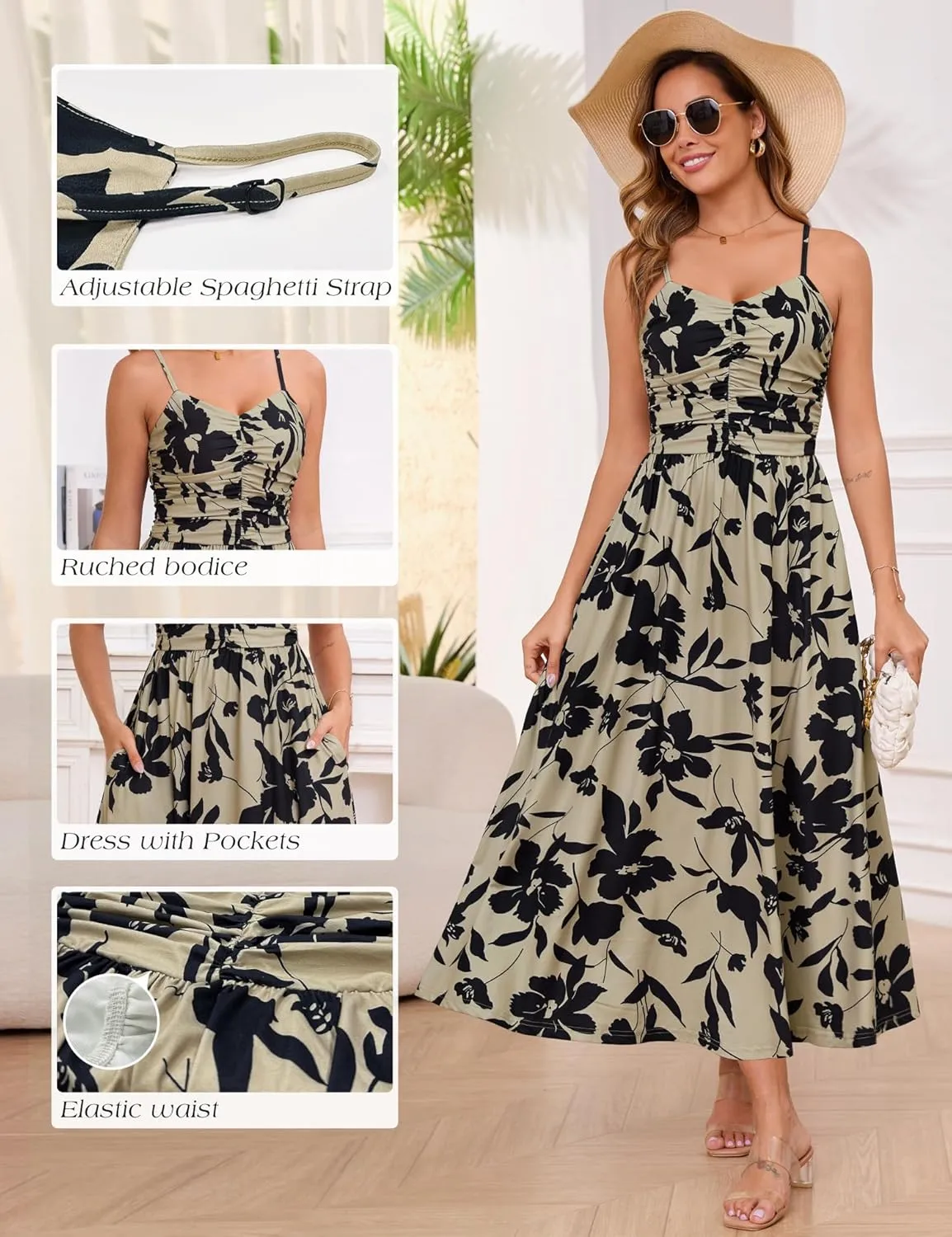 Annebouti Women 2025 Summer Spring Ruched Maxi Dress Adjustable Spaghetti Strap Floral Beach Long Sundress with Pockets