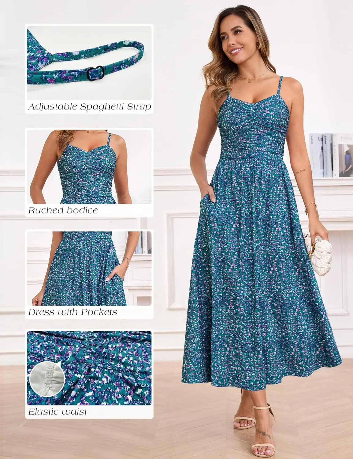 Annebouti Women 2025 Summer Spring Ruched Maxi Dress Adjustable Spaghetti Strap Floral Beach Long Sundress with Pockets