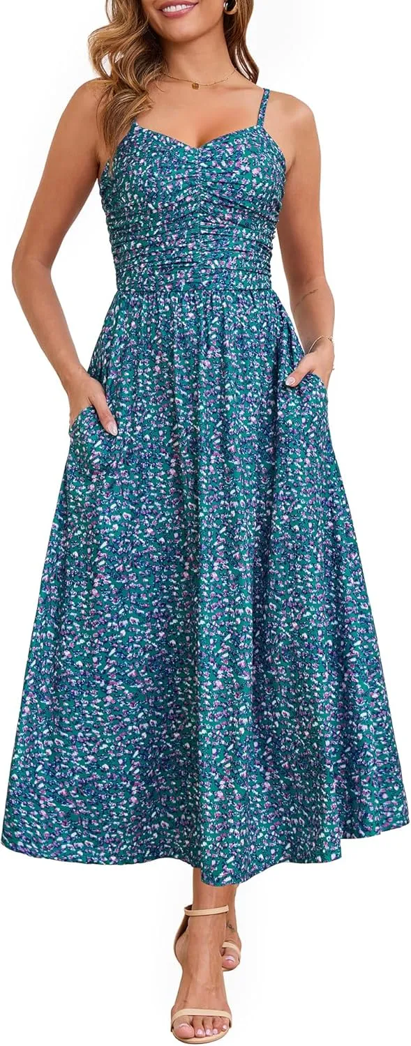 Annebouti Women 2025 Summer Spring Ruched Maxi Dress Adjustable Spaghetti Strap Floral Beach Long Sundress with Pockets