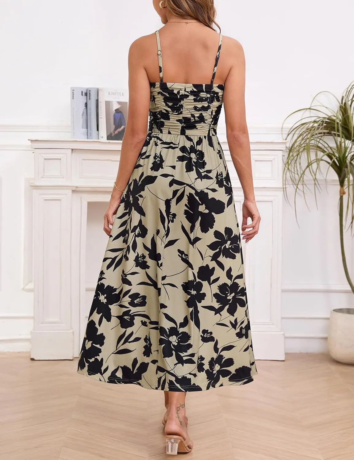Annebouti Women 2025 Summer Spring Ruched Maxi Dress Adjustable Spaghetti Strap Floral Beach Long Sundress with Pockets