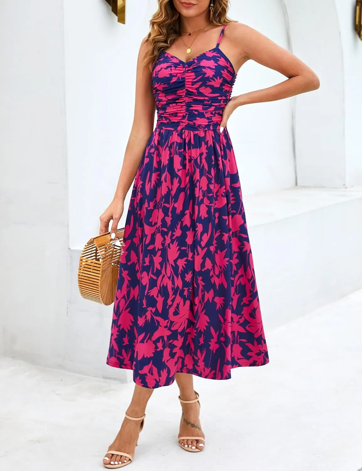 Annebouti Women 2025 Summer Spring Ruched Maxi Dress Adjustable Spaghetti Strap Floral Beach Long Sundress with Pockets
