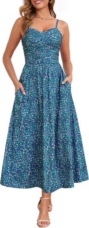 Annebouti Women 2025 Summer Spring Ruched Maxi Dress Adjustable Spaghetti Strap Floral Beach Long Sundress with Pockets