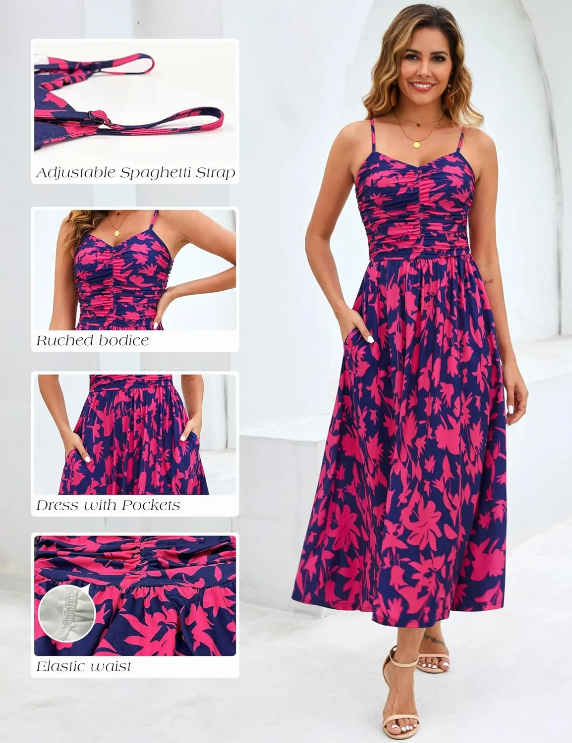 Annebouti Women 2025 Summer Spring Ruched Maxi Dress Adjustable Spaghetti Strap Floral Beach Long Sundress with Pockets