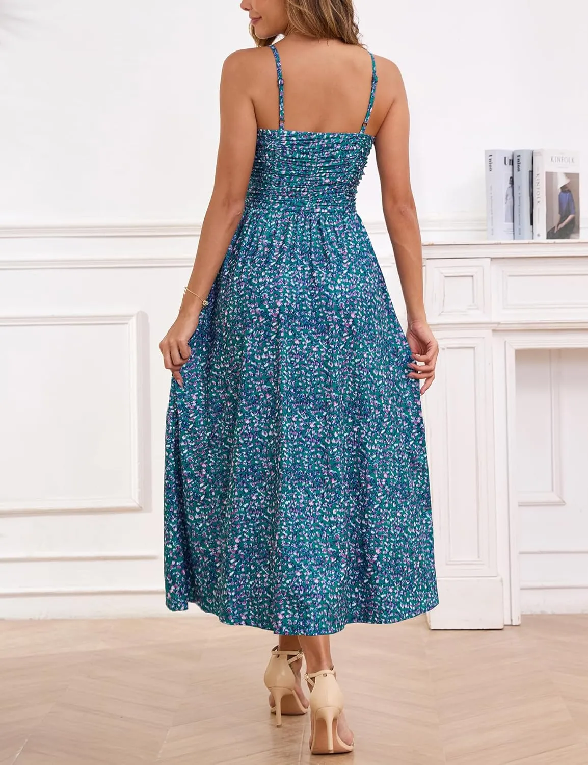 Annebouti Women 2025 Summer Spring Ruched Maxi Dress Adjustable Spaghetti Strap Floral Beach Long Sundress with Pockets