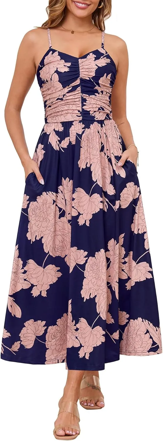Annebouti Women 2025 Summer Spring Ruched Maxi Dress Adjustable Spaghetti Strap Floral Beach Long Sundress with Pockets