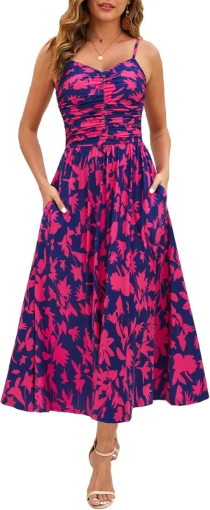 Annebouti Women 2025 Summer Spring Ruched Maxi Dress Adjustable Spaghetti Strap Floral Beach Long Sundress with Pockets
