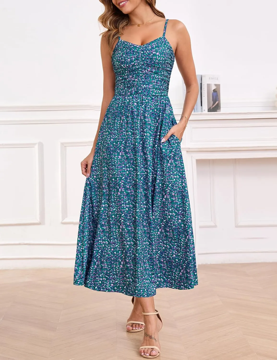 Annebouti Women 2025 Summer Spring Ruched Maxi Dress Adjustable Spaghetti Strap Floral Beach Long Sundress with Pockets