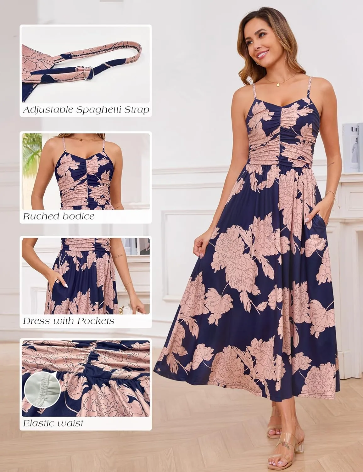 Annebouti Women 2025 Summer Spring Ruched Maxi Dress Adjustable Spaghetti Strap Floral Beach Long Sundress with Pockets