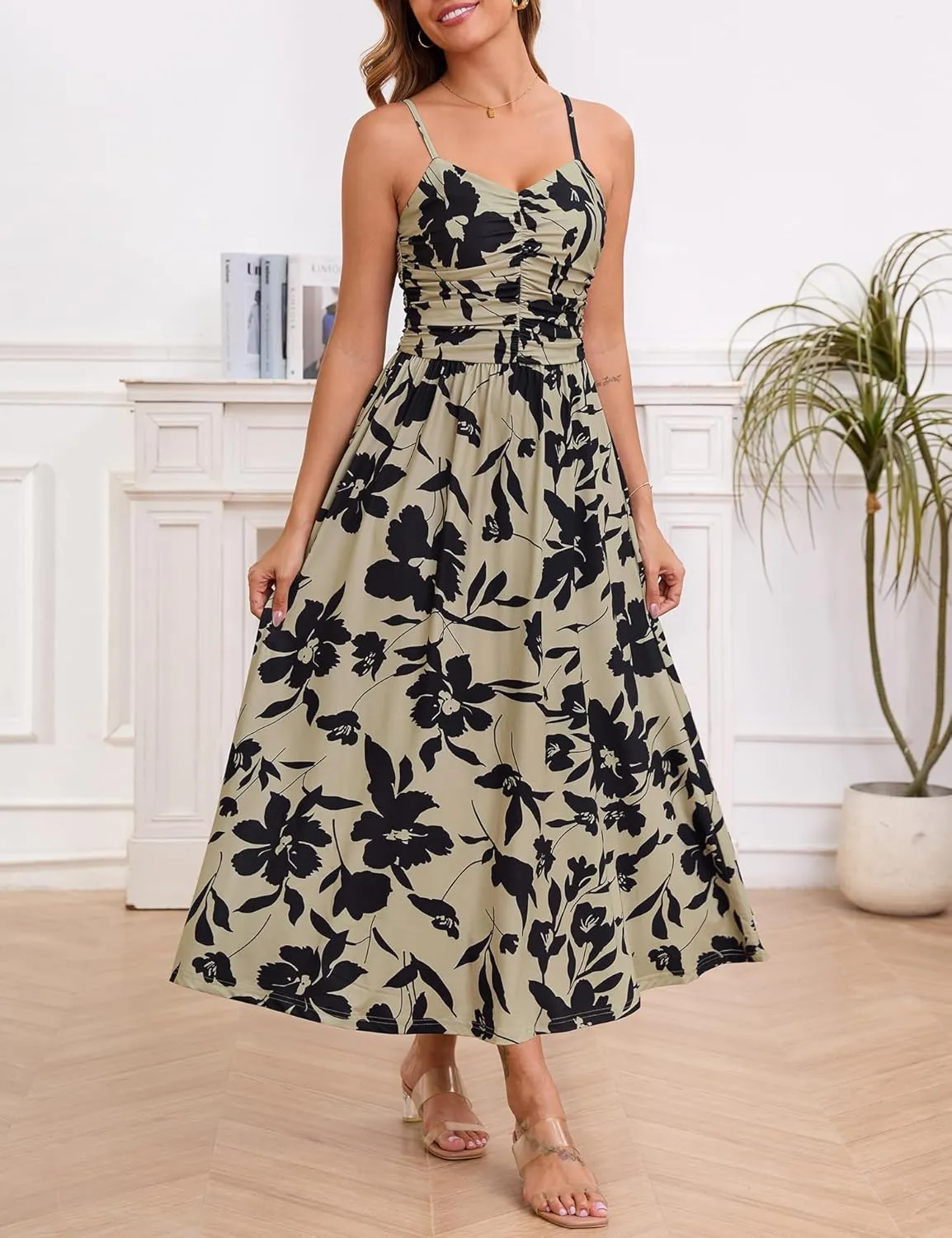 Annebouti Women 2025 Summer Spring Ruched Maxi Dress Adjustable Spaghetti Strap Floral Beach Long Sundress with Pockets
