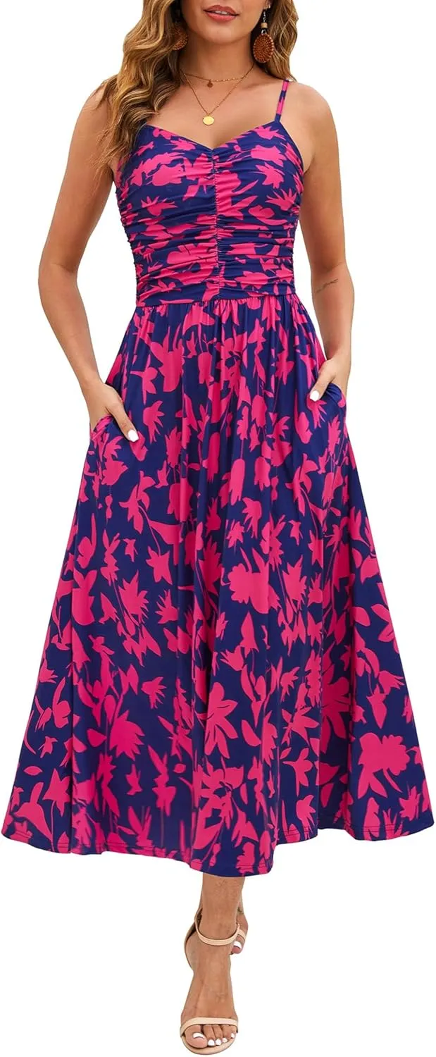 Annebouti Women 2025 Summer Spring Ruched Maxi Dress Adjustable Spaghetti Strap Floral Beach Long Sundress with Pockets