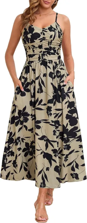 Annebouti Women 2025 Summer Spring Ruched Maxi Dress Adjustable Spaghetti Strap Floral Beach Long Sundress with Pockets