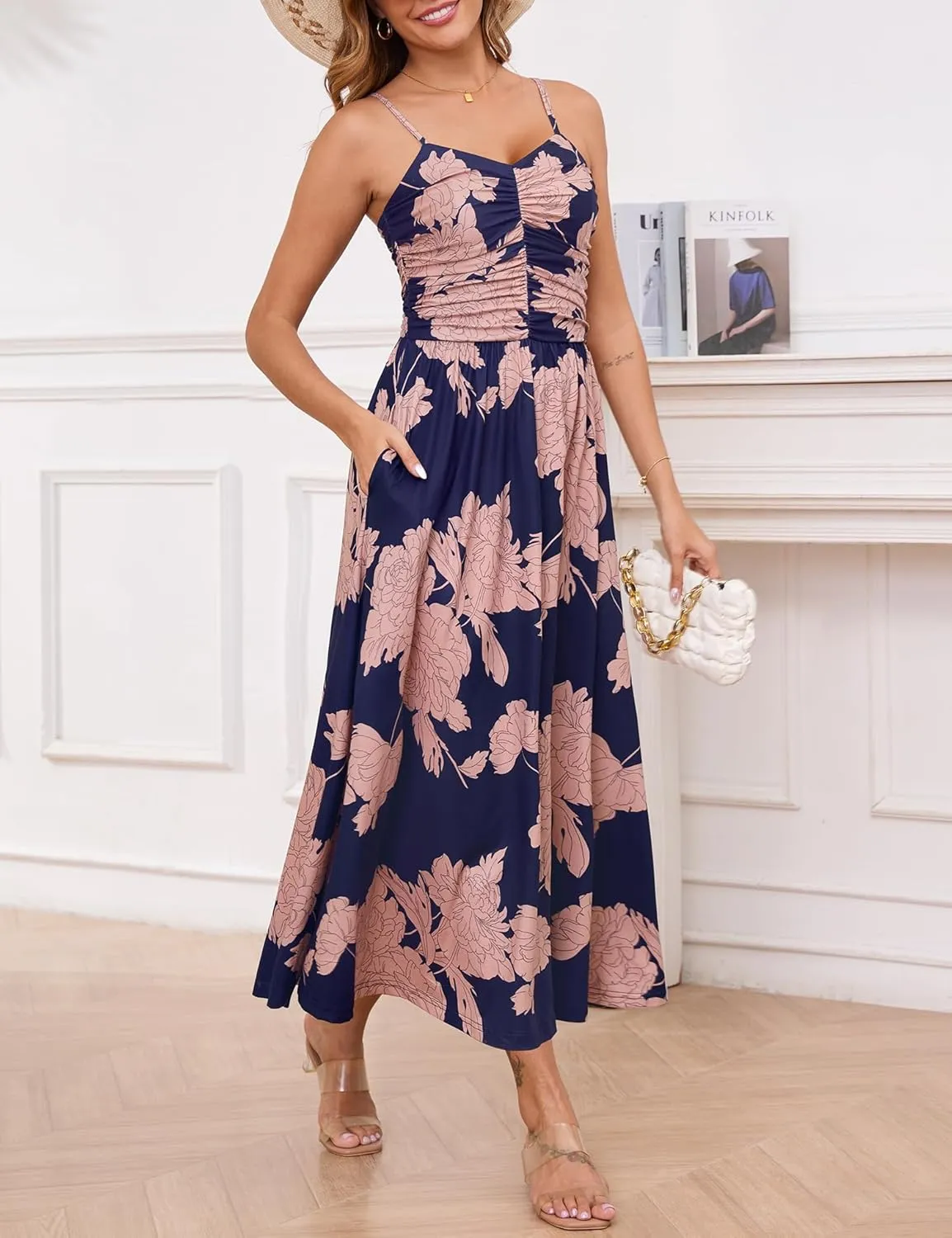 Annebouti Women 2025 Summer Spring Ruched Maxi Dress Adjustable Spaghetti Strap Floral Beach Long Sundress with Pockets