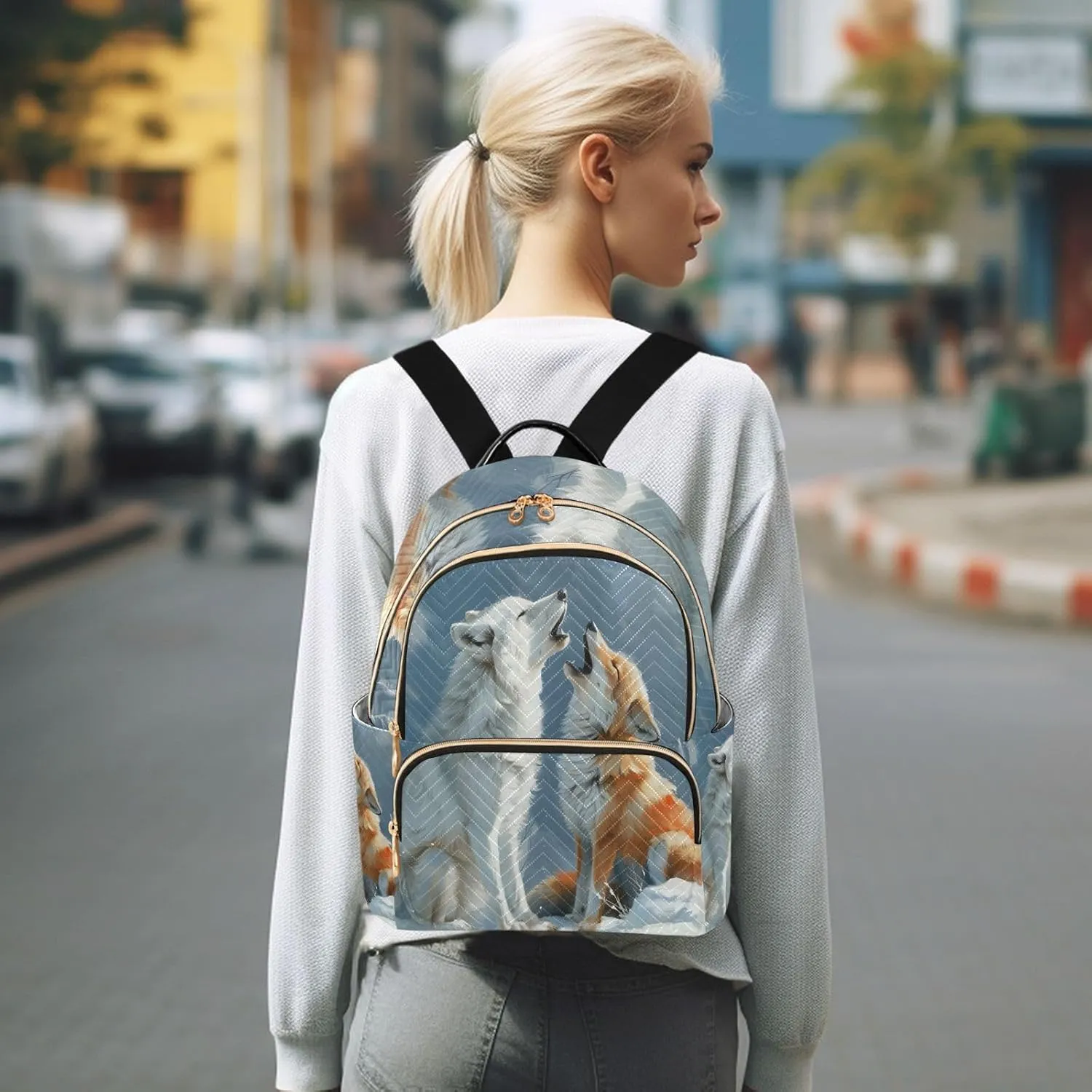 Arctic Wolf and Fox Mini Backpack Purse for Women Travel Bag Lightweight Shoulder Bag Fashion Daypack
