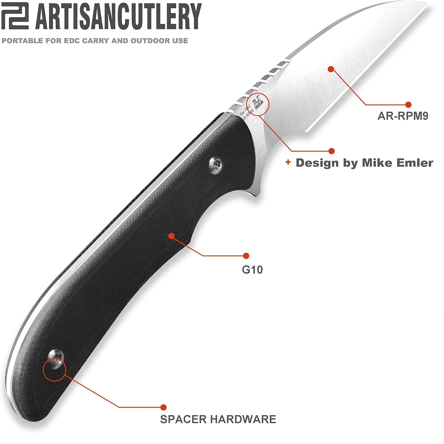 ARTISANCUTLERY Tactical Knife Sea Snake (ATZ-1842) AR-RPM9 Powder Steel Blade G10 Handle Fixed Blade Knife Black