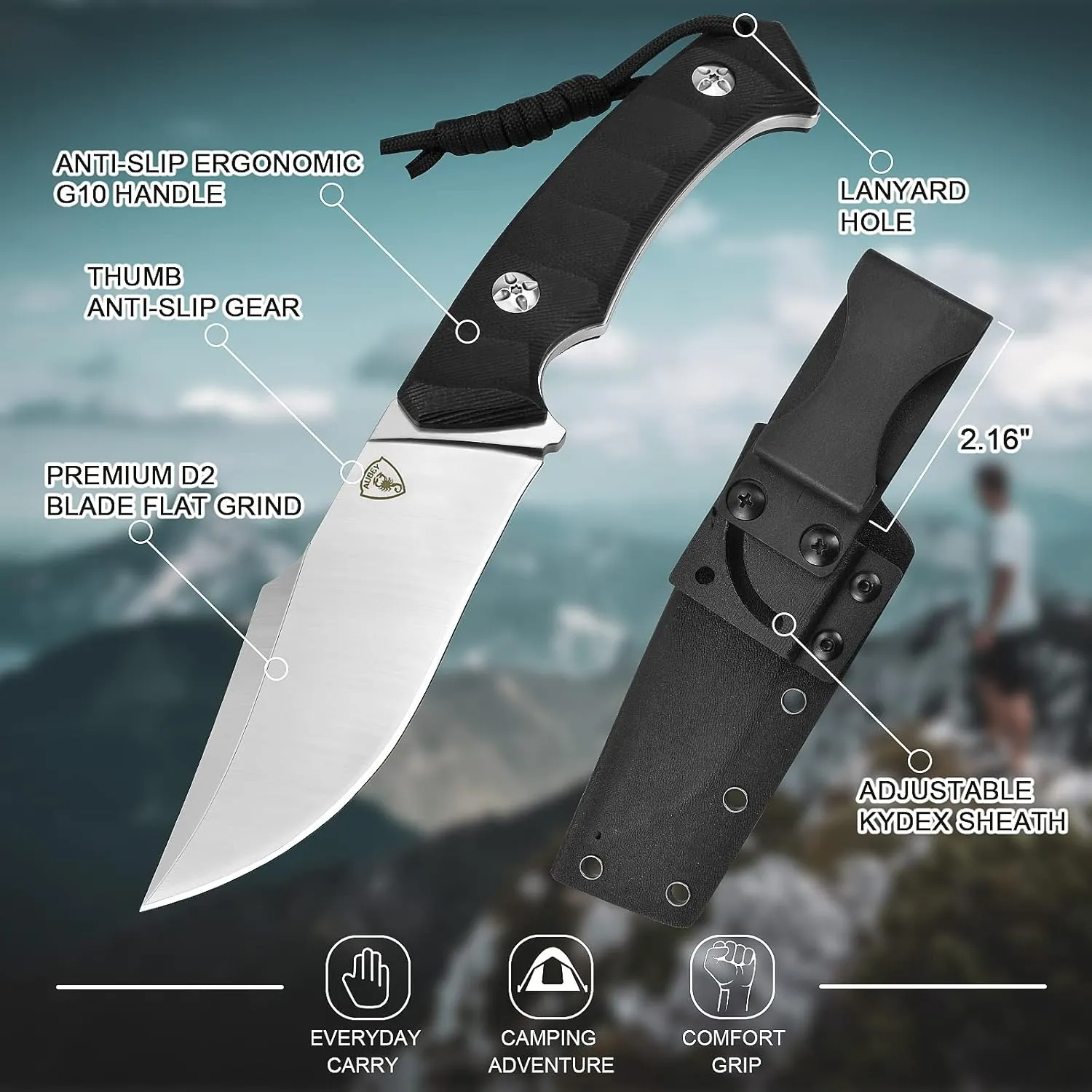 AUBEY Fixed Blade 4.33" D2 Steel Survival Knife with Kydex Sheath, Full Tang, G10 Handle, for Camping, Bushcraft
