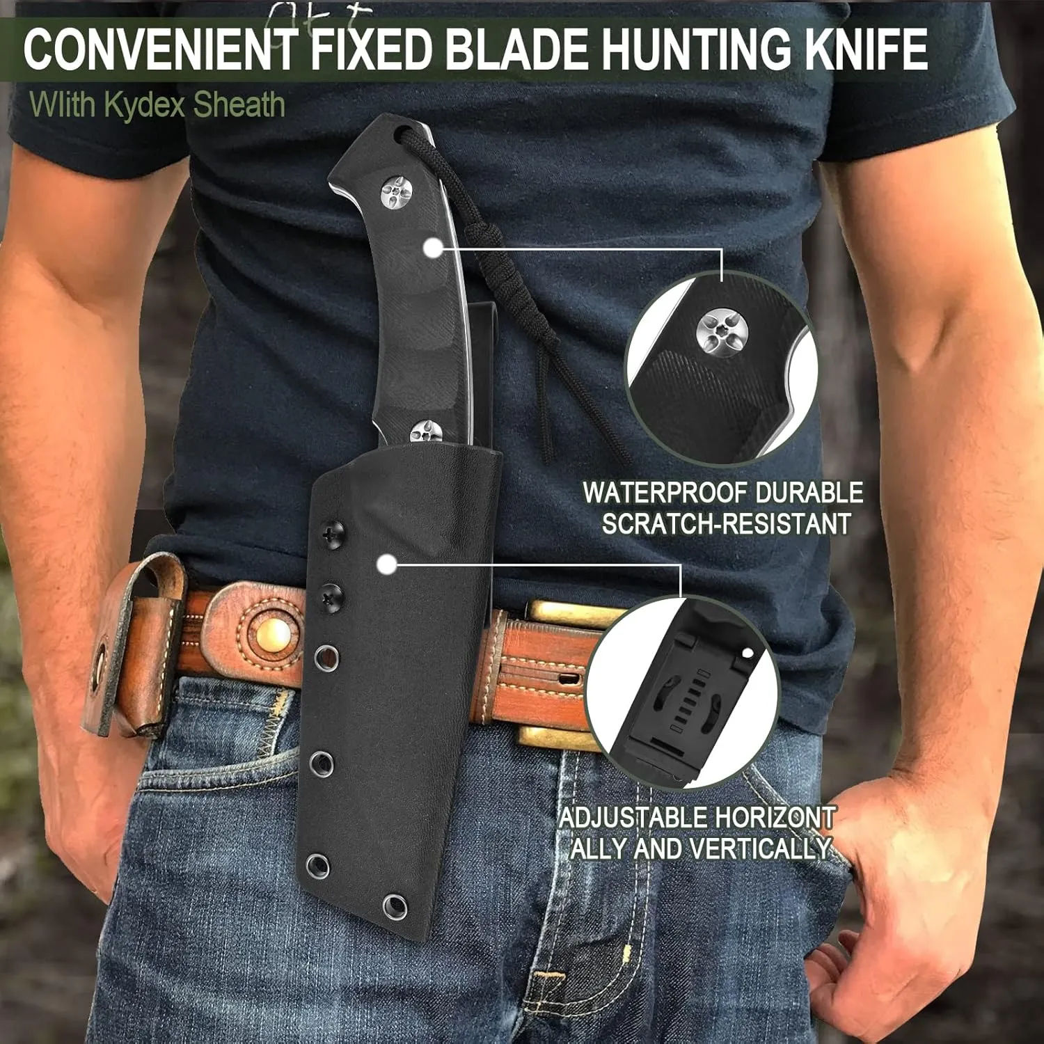 AUBEY Fixed Blade 4.33" D2 Steel Survival Knife with Kydex Sheath, Full Tang, G10 Handle, for Camping, Bushcraft