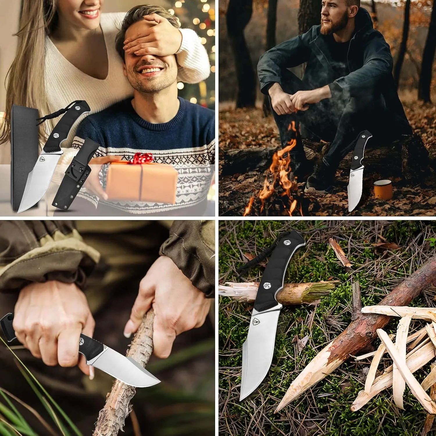 AUBEY Fixed Blade 4.33" D2 Steel Survival Knife with Kydex Sheath, Full Tang, G10 Handle, for Camping, Bushcraft
