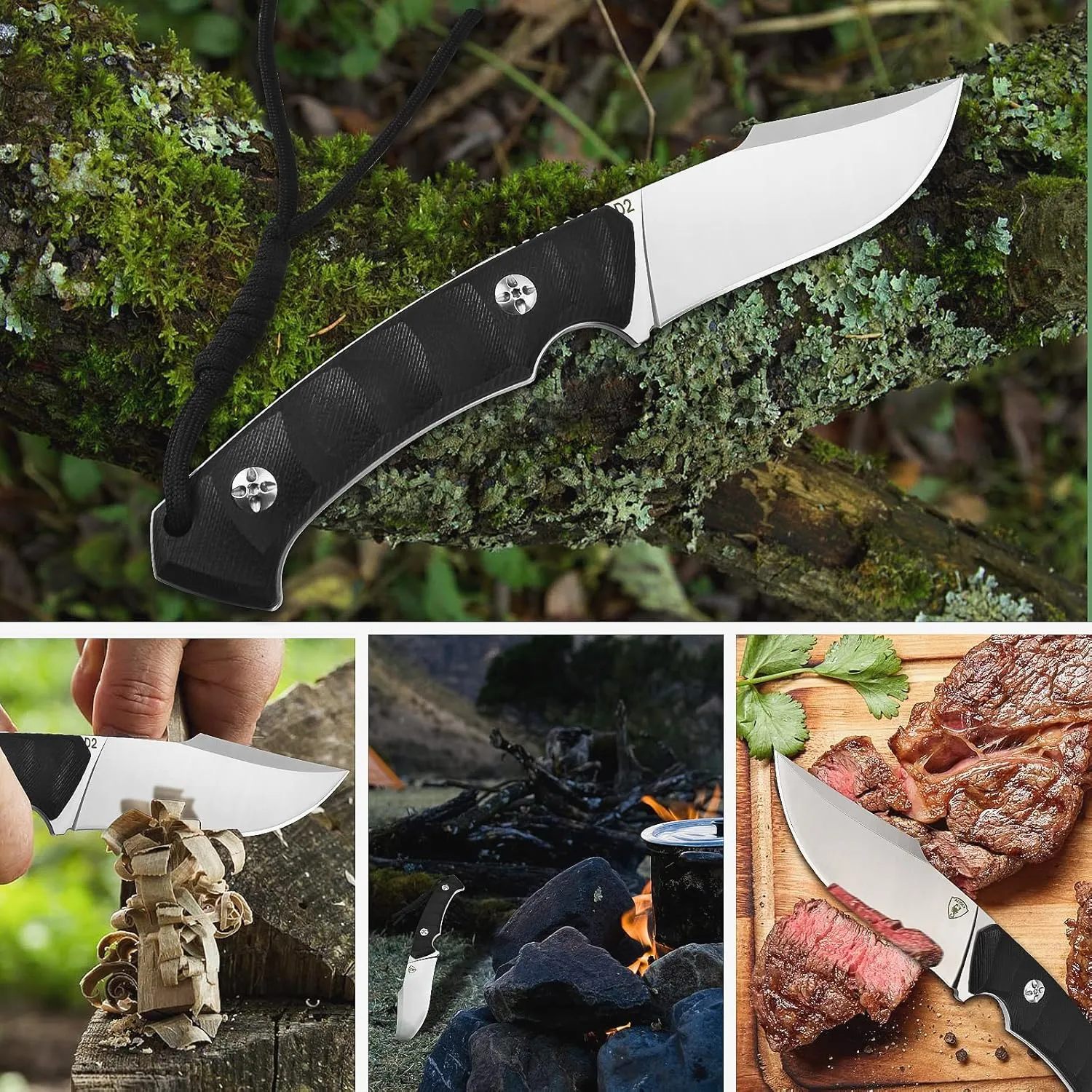 AUBEY Fixed Blade 4.33" D2 Steel Survival Knife with Kydex Sheath, Full Tang, G10 Handle, for Camping, Bushcraft