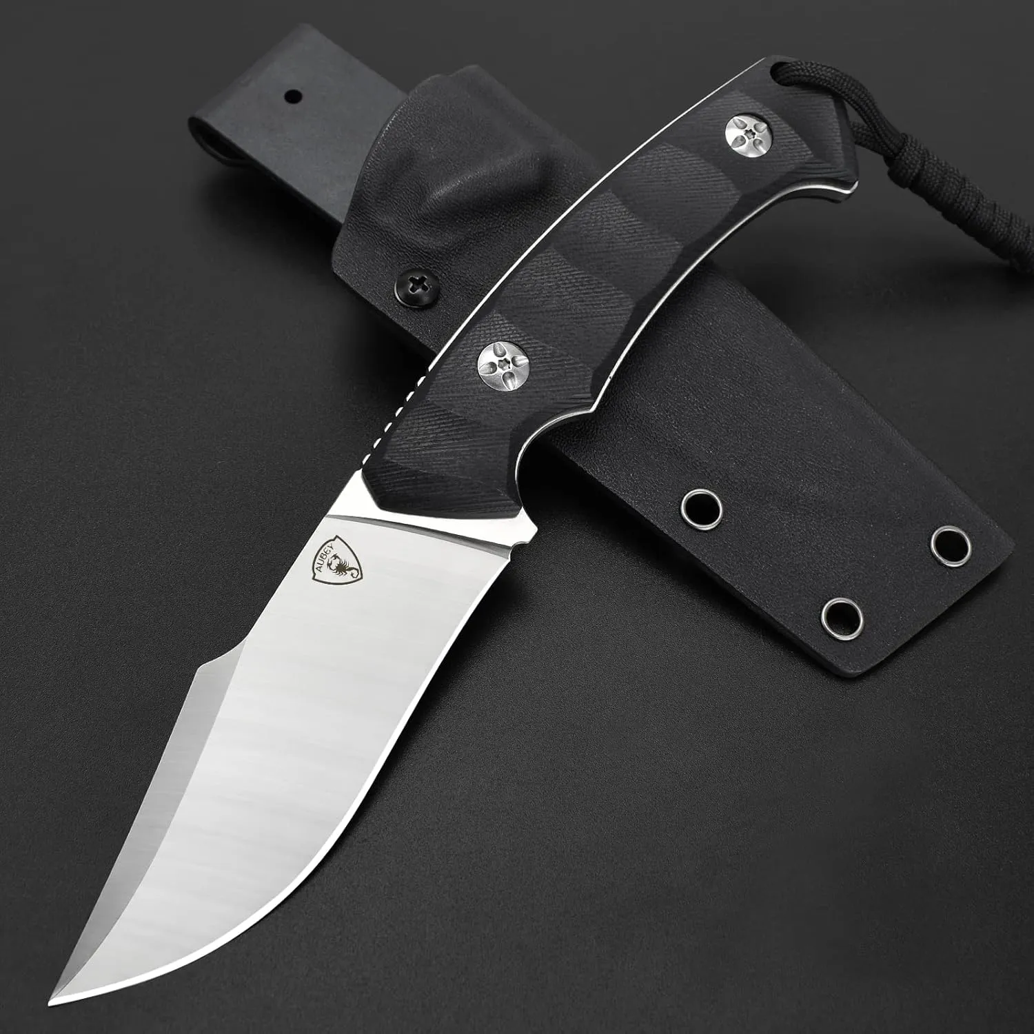 AUBEY Fixed Blade 4.33" D2 Steel Survival Knife with Kydex Sheath, Full Tang, G10 Handle, for Camping, Bushcraft