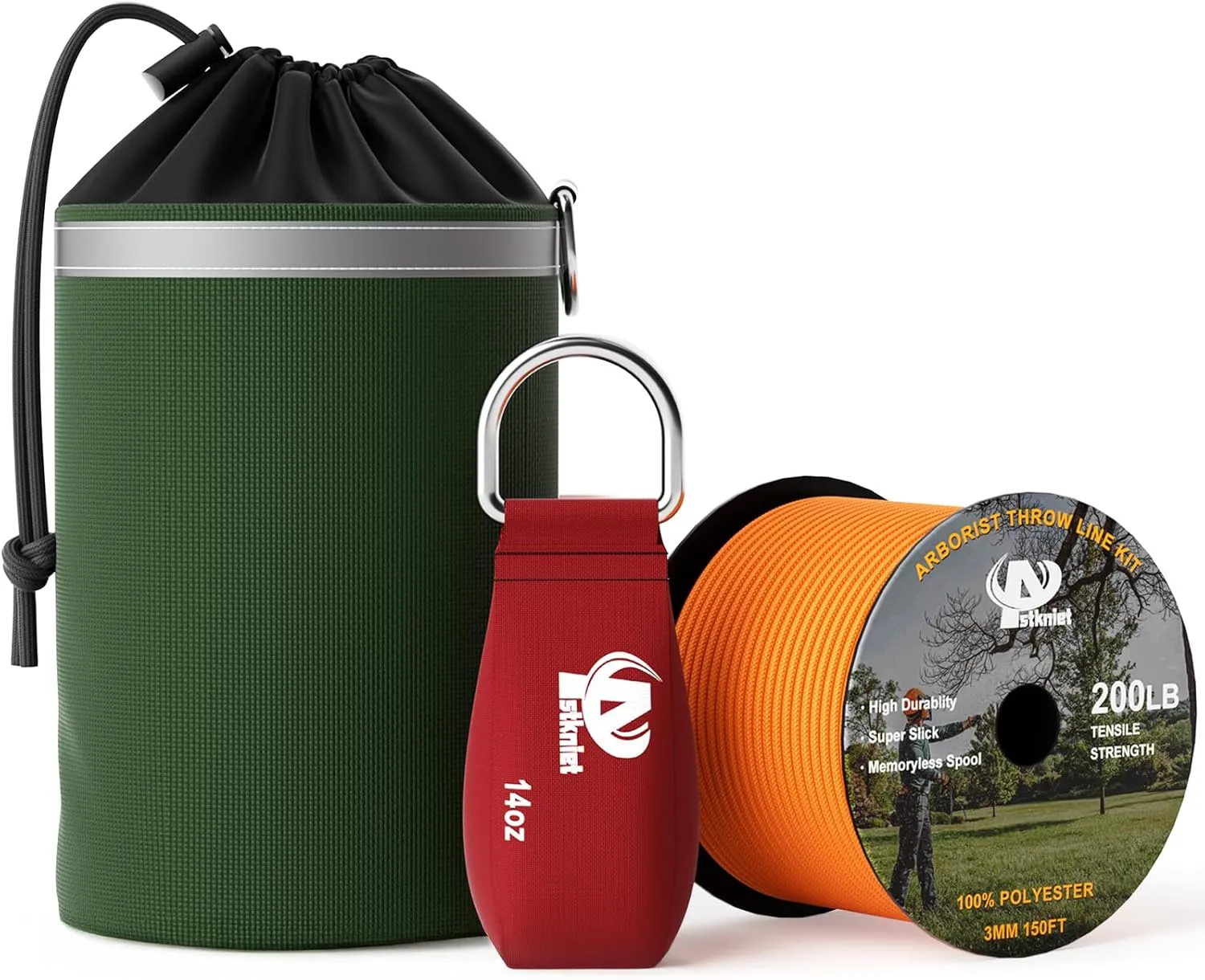 Aystkniet Arborist Throw Line Kit with Slick Rope & 12/14/16oz Throw Weight & Reflective Storage Bag, Polyester Throw Line Spool and Arborist Throw Ball Kit for High Limbs Tree Work