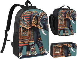 aztec elephant pattern print Backpack 3pcs Set Including 17 Inch Large BookBag With Lunch Bag And Practical Pen Bag