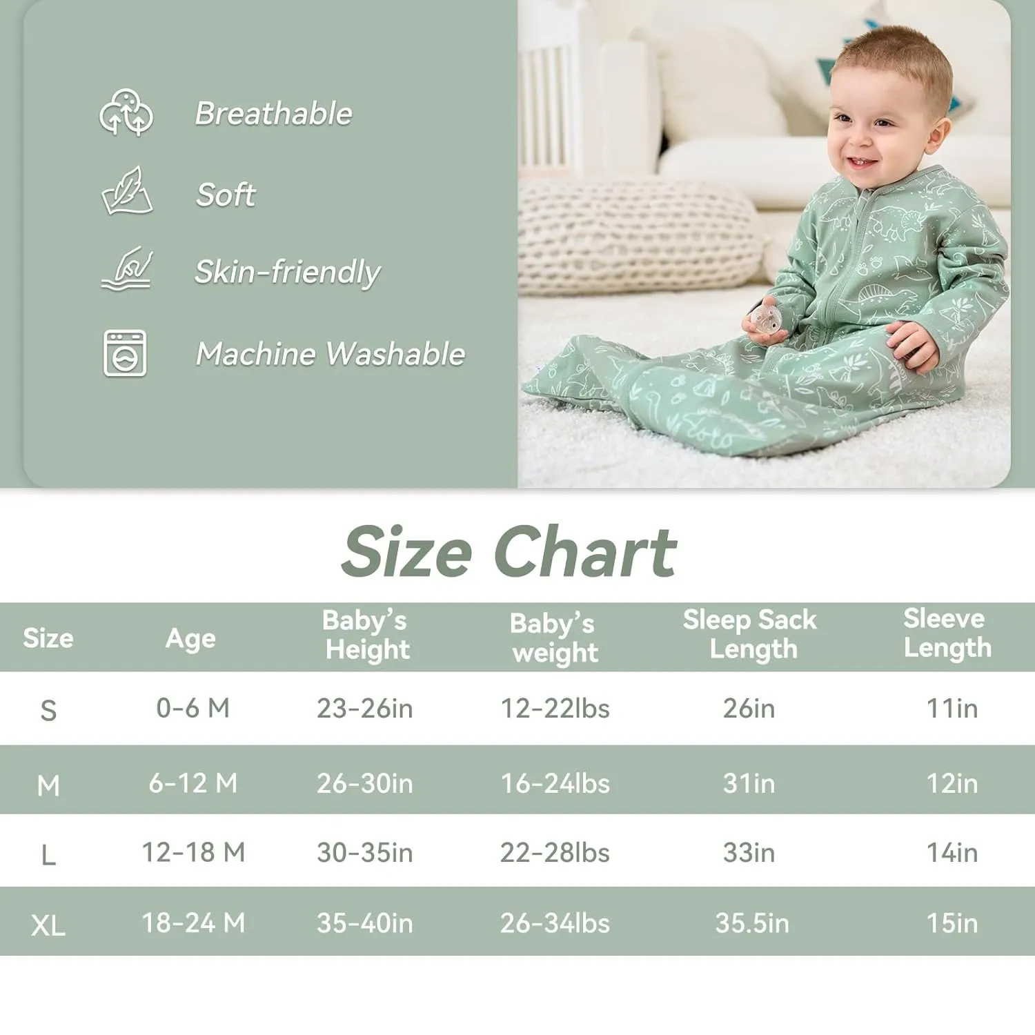 Baby Sleep Sack 6-12 Months, Long Sleeve Baby Wearable Blanket 0.5 Tog with Mittens, 2-Way Zipper Infant Cotton Sleeping Sack for Boy and Girl Green Dinosaur 2 Pack (Medium)