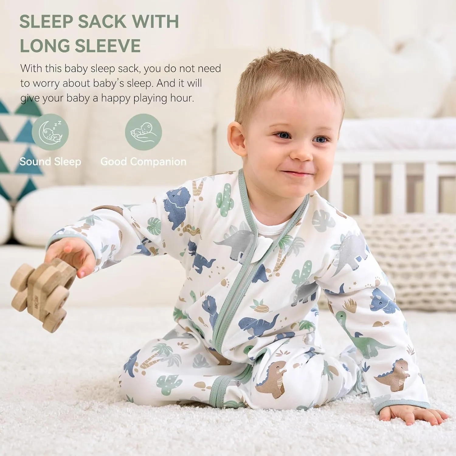 Baby Sleep Sack 6-12 Months, Long Sleeve Baby Wearable Blanket 0.5 Tog with Mittens, 2-Way Zipper Infant Cotton Sleeping Sack for Boy and Girl Green Dinosaur 2 Pack (Medium)