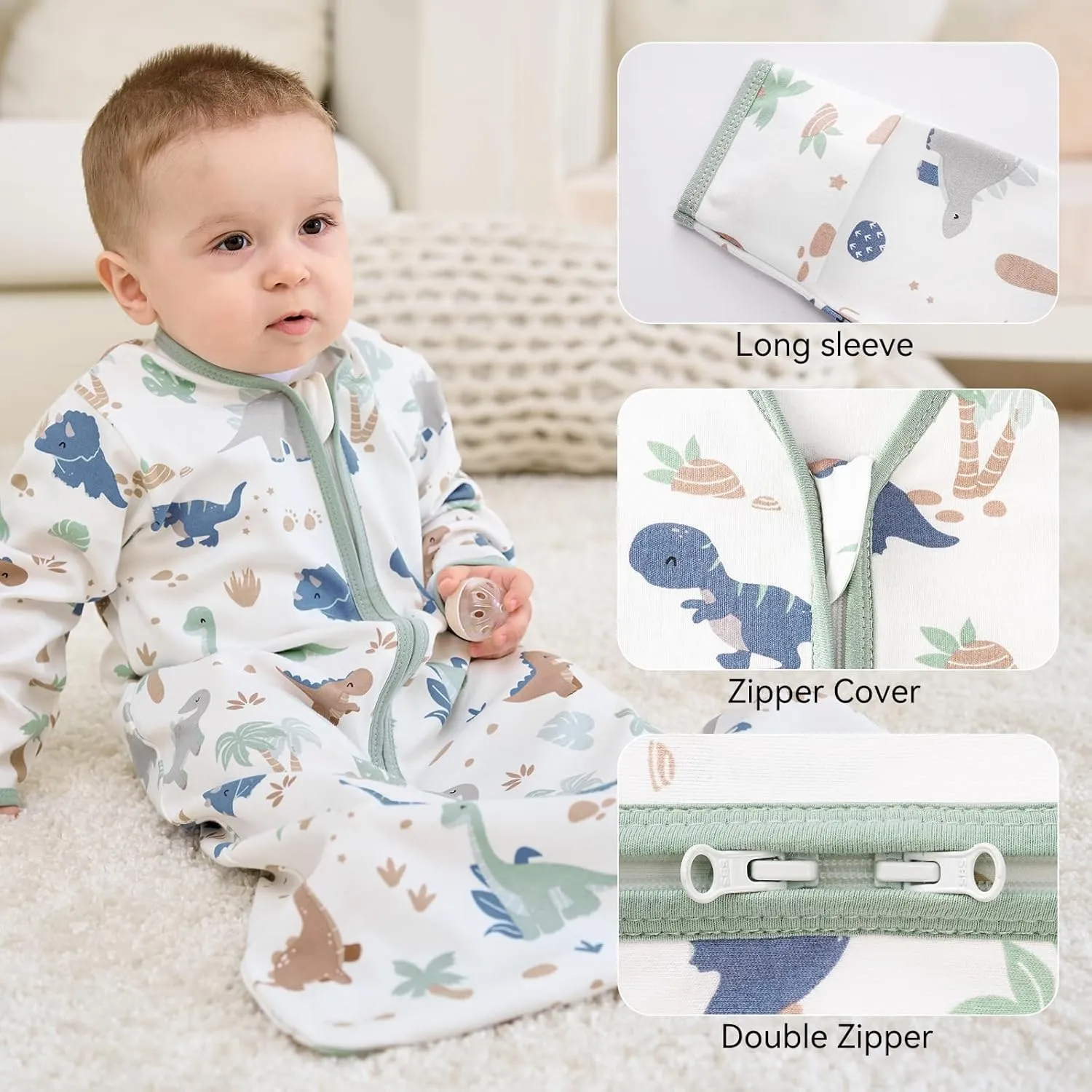 Baby Sleep Sack 6-12 Months, Long Sleeve Baby Wearable Blanket 0.5 Tog with Mittens, 2-Way Zipper Infant Cotton Sleeping Sack for Boy and Girl Green Dinosaur 2 Pack (Medium)