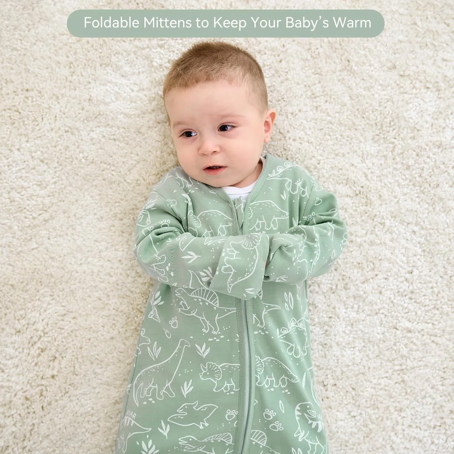 Baby Sleep Sack 6-12 Months, Long Sleeve Baby Wearable Blanket 0.5 Tog with Mittens, 2-Way Zipper Infant Cotton Sleeping Sack for Boy and Girl Green Dinosaur 2 Pack (Medium)