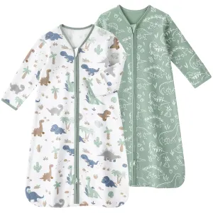 Baby Sleep Sack 6-12 Months, Long Sleeve Baby Wearable Blanket 0.5 Tog with Mittens, 2-Way Zipper Infant Cotton Sleeping Sack for Boy and Girl Green Dinosaur 2 Pack (Medium)