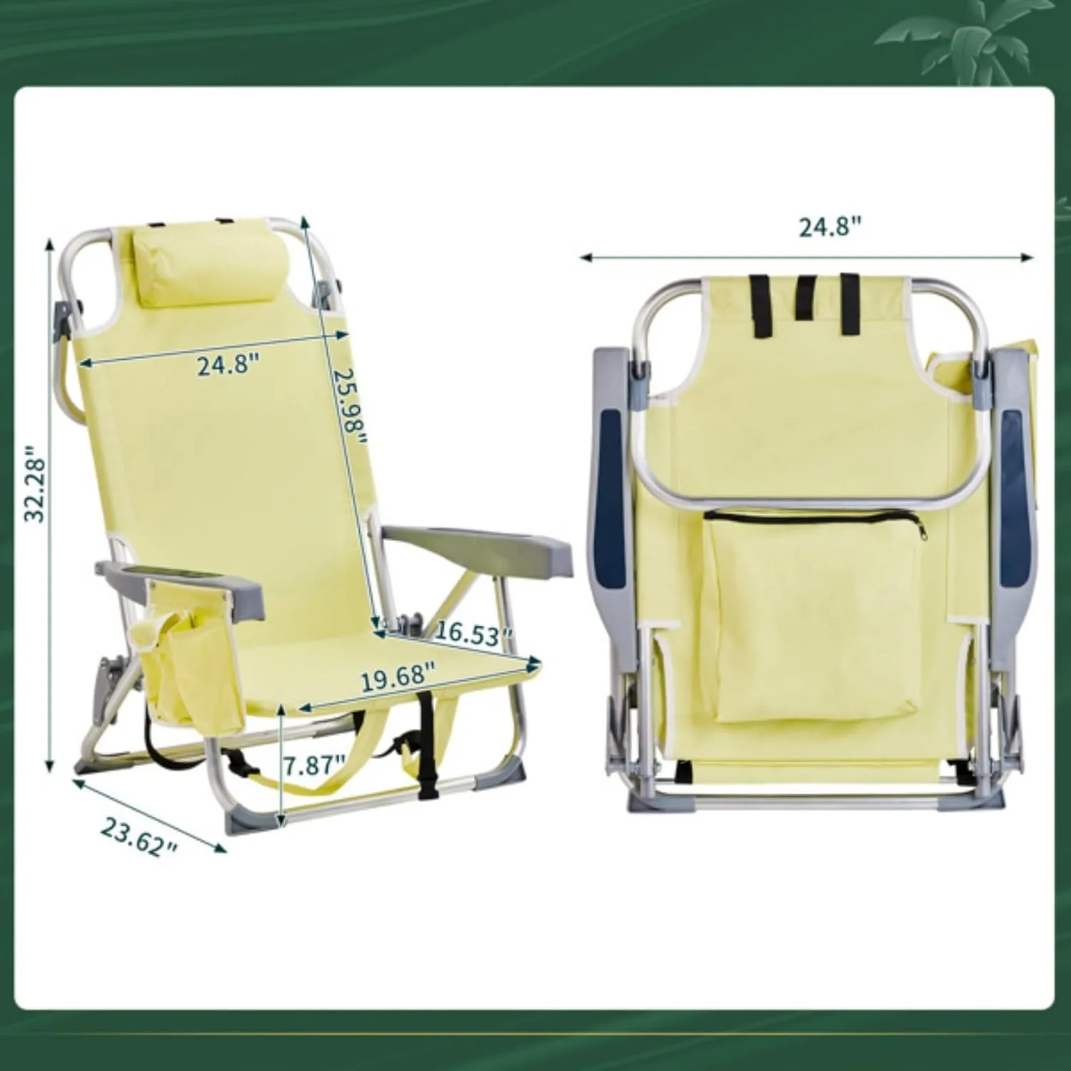 Backpack Beach Chair for Adults, 5-Position Portable Outdoor Reclining Camping Chair, Lightweight Folding Chairs with Headrest, Cup Holders, Cooler Bag, Towel Bar, Shoulder Strap (Yellow)