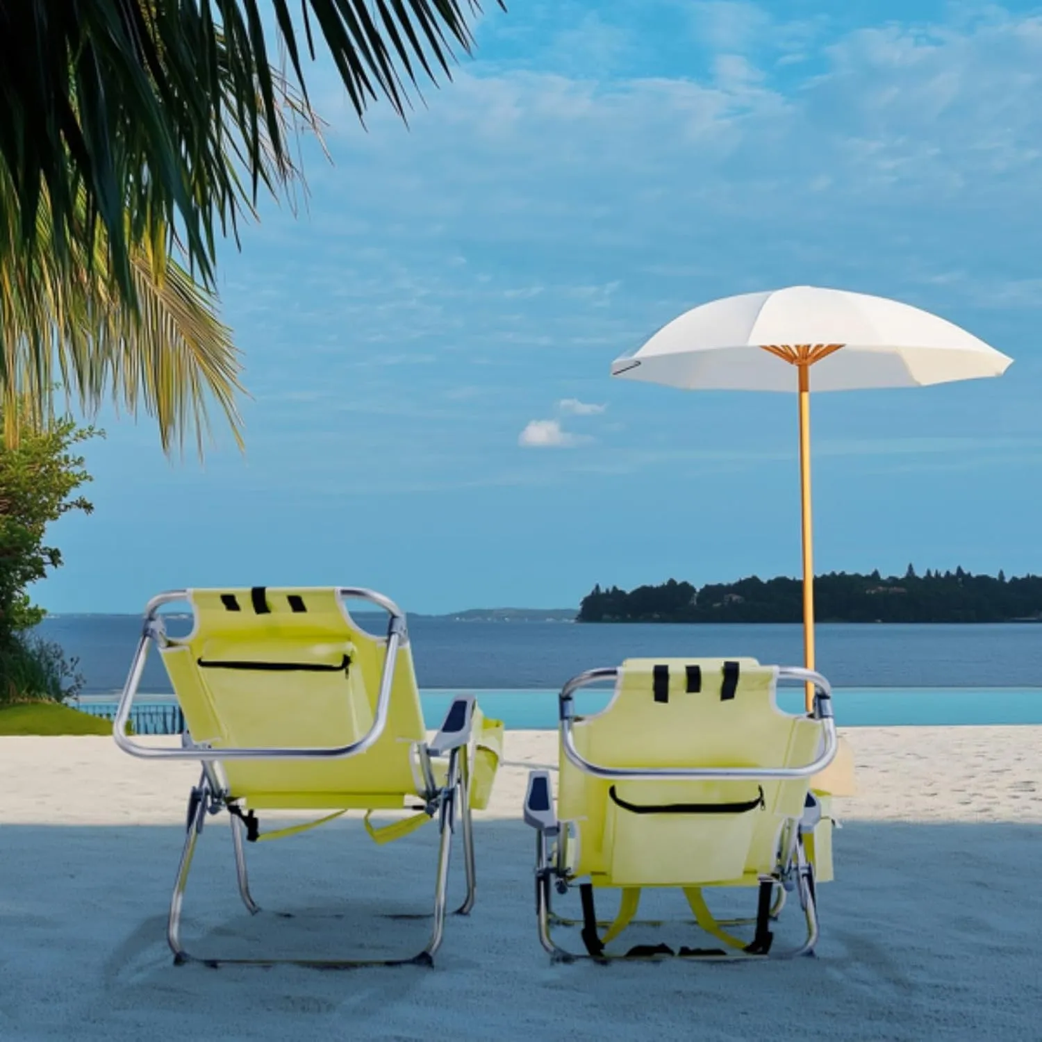 Backpack Beach Chair for Adults, 5-Position Portable Outdoor Reclining Camping Chair, Lightweight Folding Chairs with Headrest, Cup Holders, Cooler Bag, Towel Bar, Shoulder Strap (Yellow)