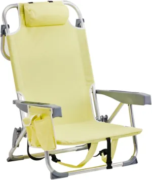 Backpack Beach Chair for Adults, 5-Position Portable Outdoor Reclining Camping Chair, Lightweight Folding Chairs with Headrest, Cup Holders, Cooler Bag, Towel Bar, Shoulder Strap (Yellow)