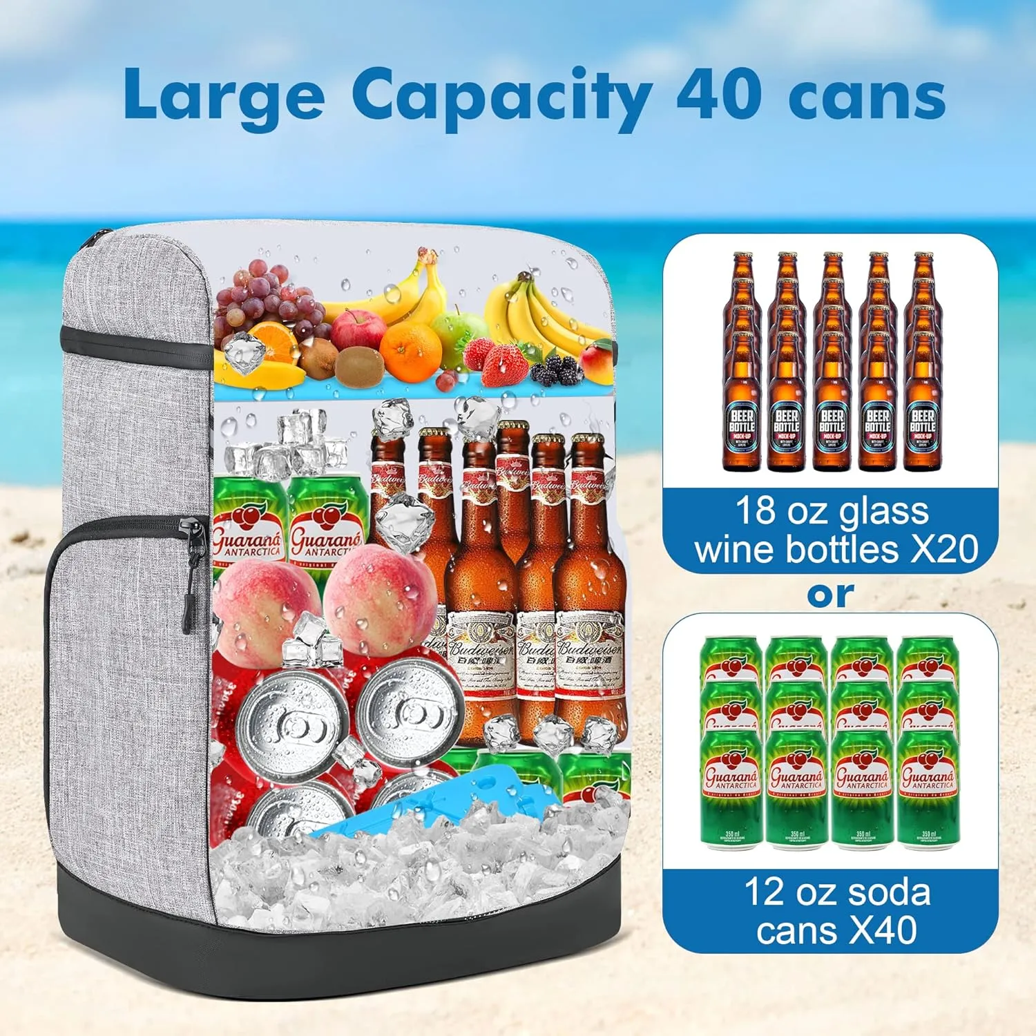 Backpack Cooler for 40 Cans, Leakproof Cooler Backpack Insulated Waterproof with 3 Ice Packs Insulated Soft Coolers for Beach Hiking Camping Fishing Picnic