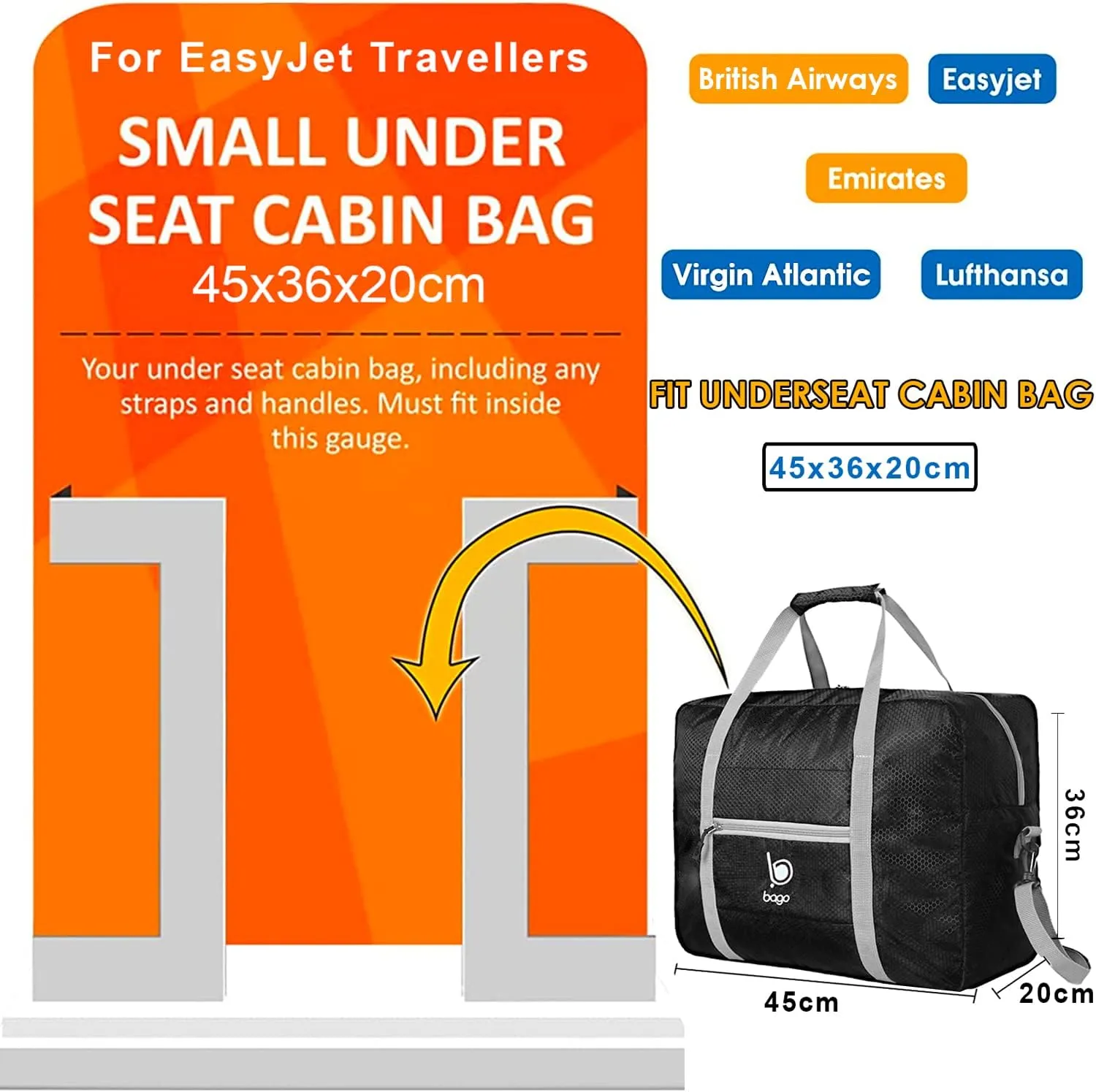 Bago Personal Item Travel Bag For Airlines - Fits As 18x14x8 inches Travel Bag Spirit & Frontier Airlines - Foldable Duffle Bag For Travel - Personal Item Bag Small Carry On Bag For Air Travel