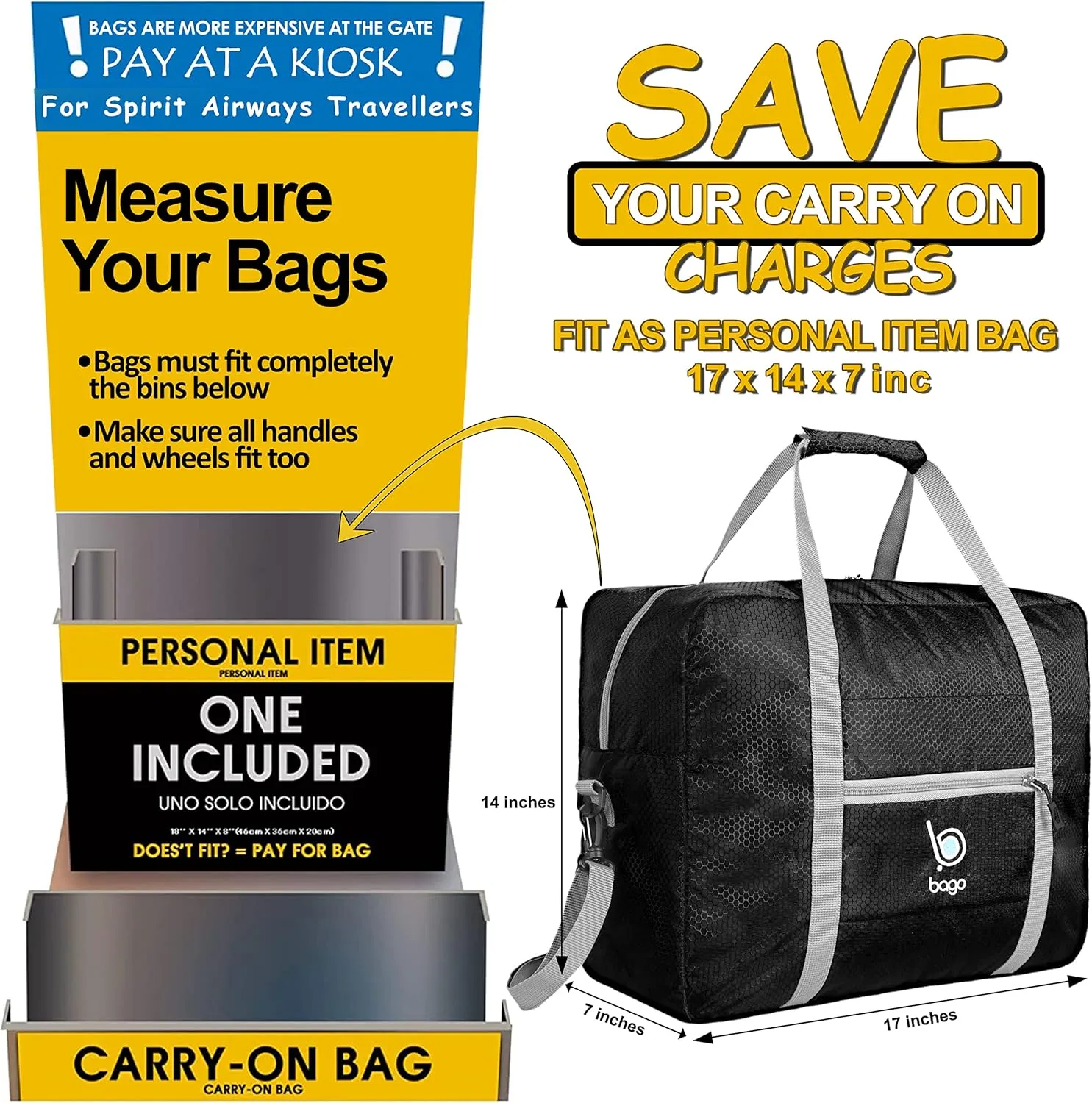 Bago Personal Item Travel Bag For Airlines - Fits As 18x14x8 inches Travel Bag Spirit & Frontier Airlines - Foldable Duffle Bag For Travel - Personal Item Bag Small Carry On Bag For Air Travel