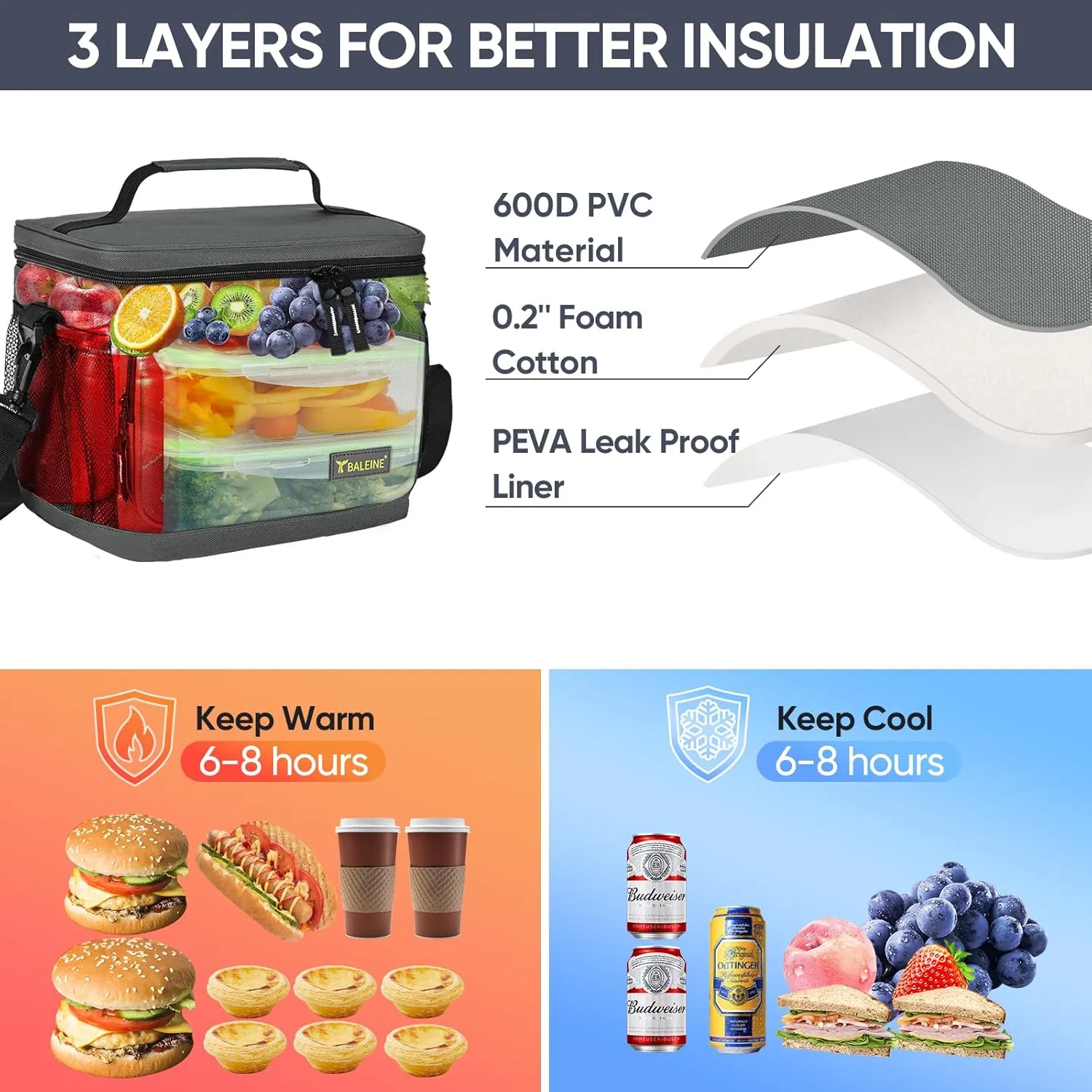 BALEINE Insulated Lunch Bag for Men Women, 22 Can Leakproof Cooler Bag with Adjustable Shoulder Strap for Work Picnic, Lunch Box for Women Men (Large, Black)