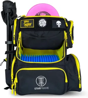 Bandido Disc Golf Bag With Cooler | 30  Disc Frisbee Golf Backpack | 4-Can Insulated Cooler | Light Durable Black & Yellow Men Women Disc Golf Bag | Huge Storage & Retriever Holder