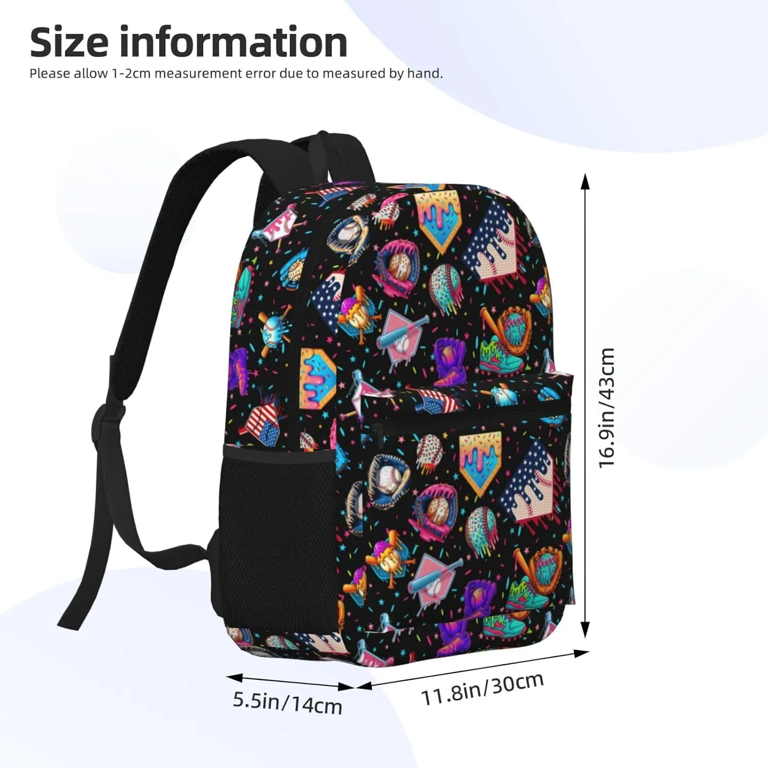 Baseball Drip Ice Cream Backpack 17in, Large Capacity Lightweight Carry-On Backpack, Waterproof Casual