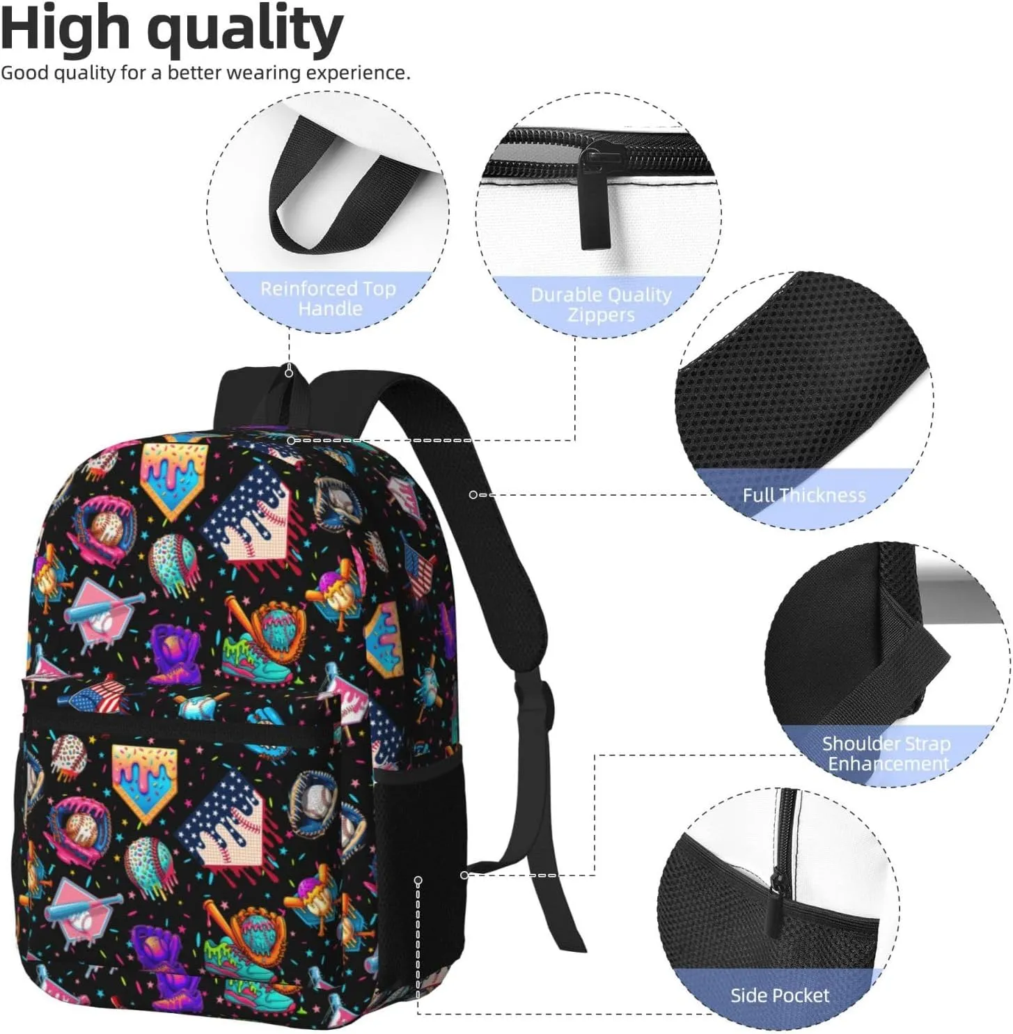 Baseball Drip Ice Cream Backpack 17in, Large Capacity Lightweight Carry-On Backpack, Waterproof Casual