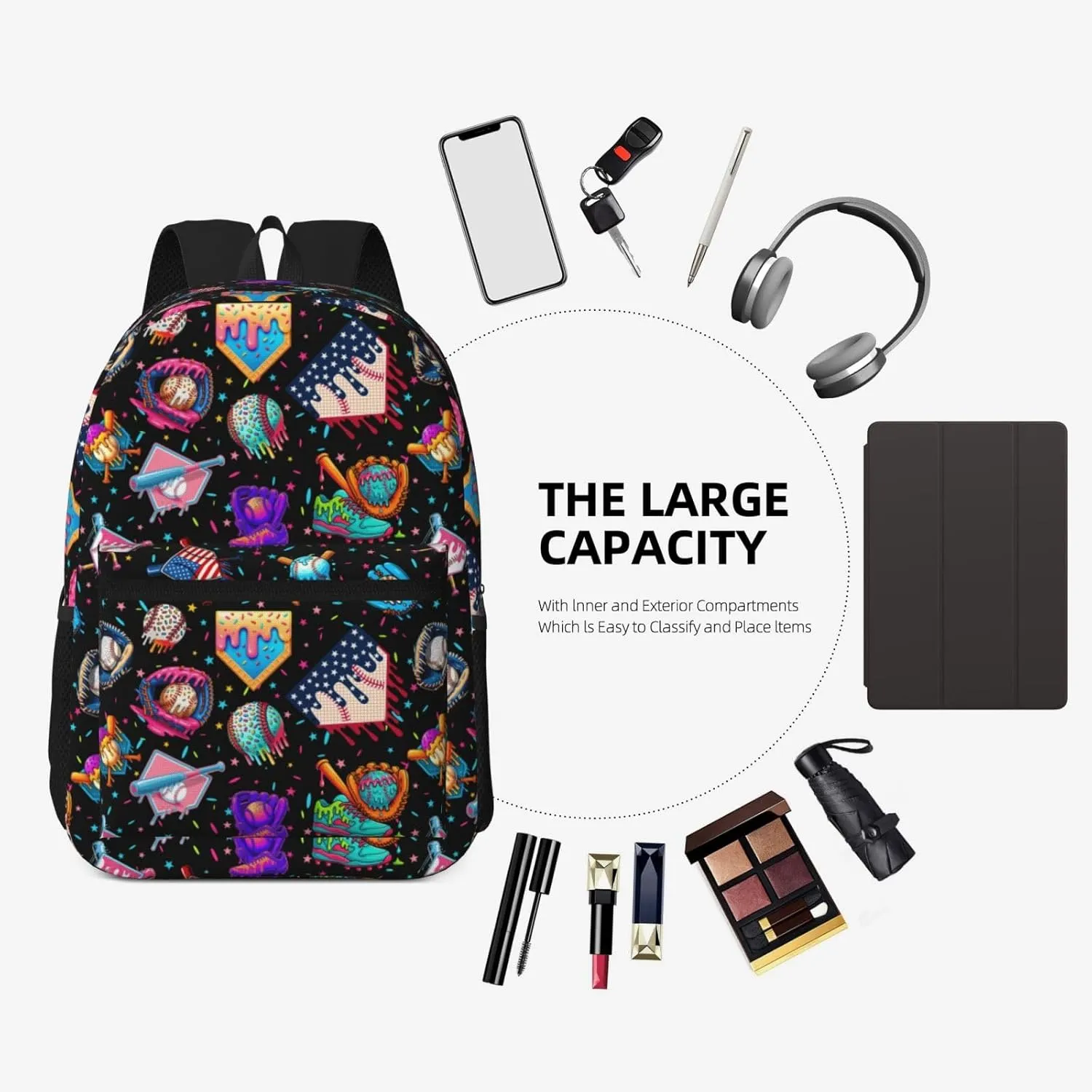 Baseball Drip Ice Cream Backpack 17in, Large Capacity Lightweight Carry-On Backpack, Waterproof Casual