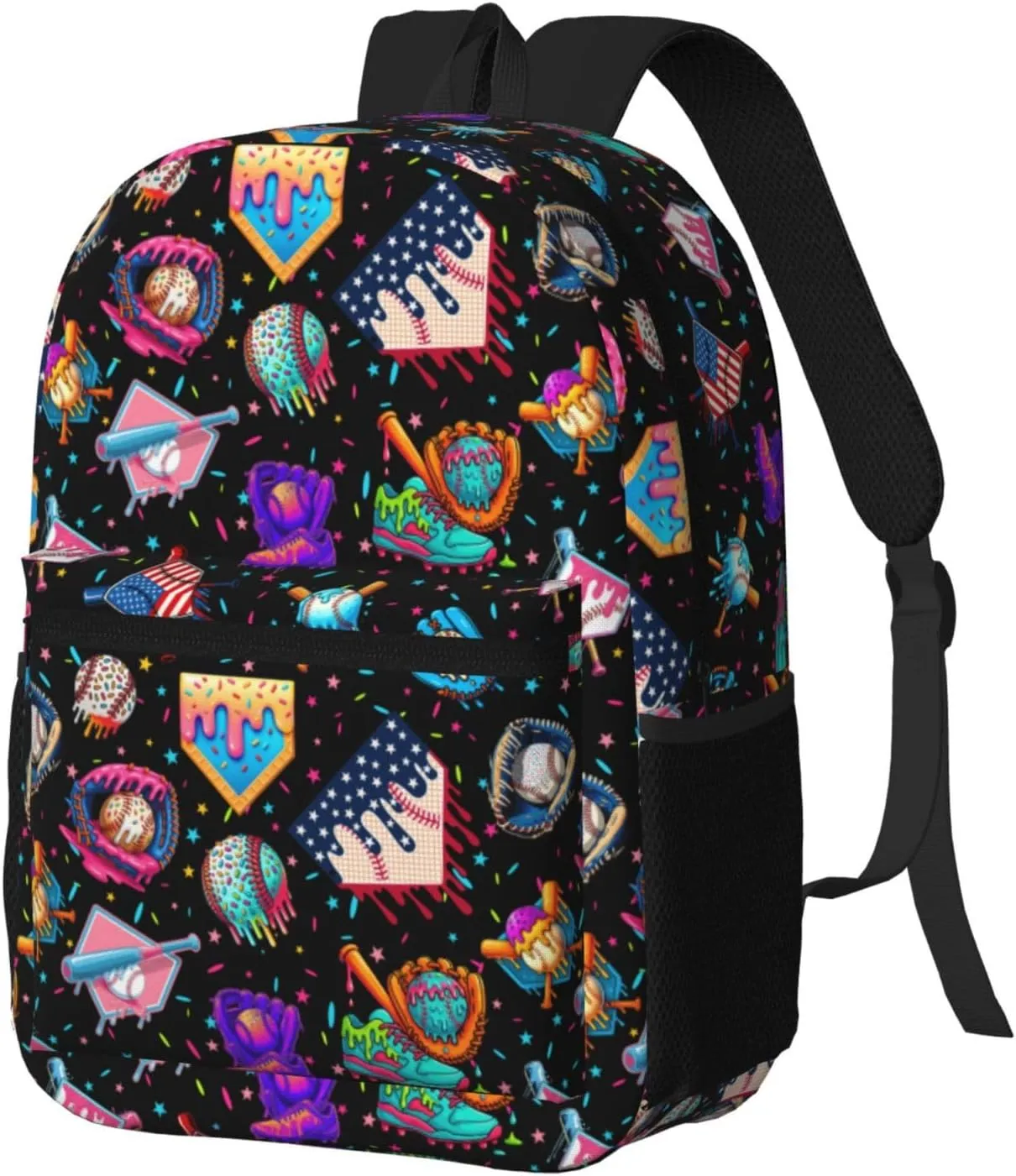 Baseball Drip Ice Cream Backpack 17in, Large Capacity Lightweight Carry-On Backpack, Waterproof Casual