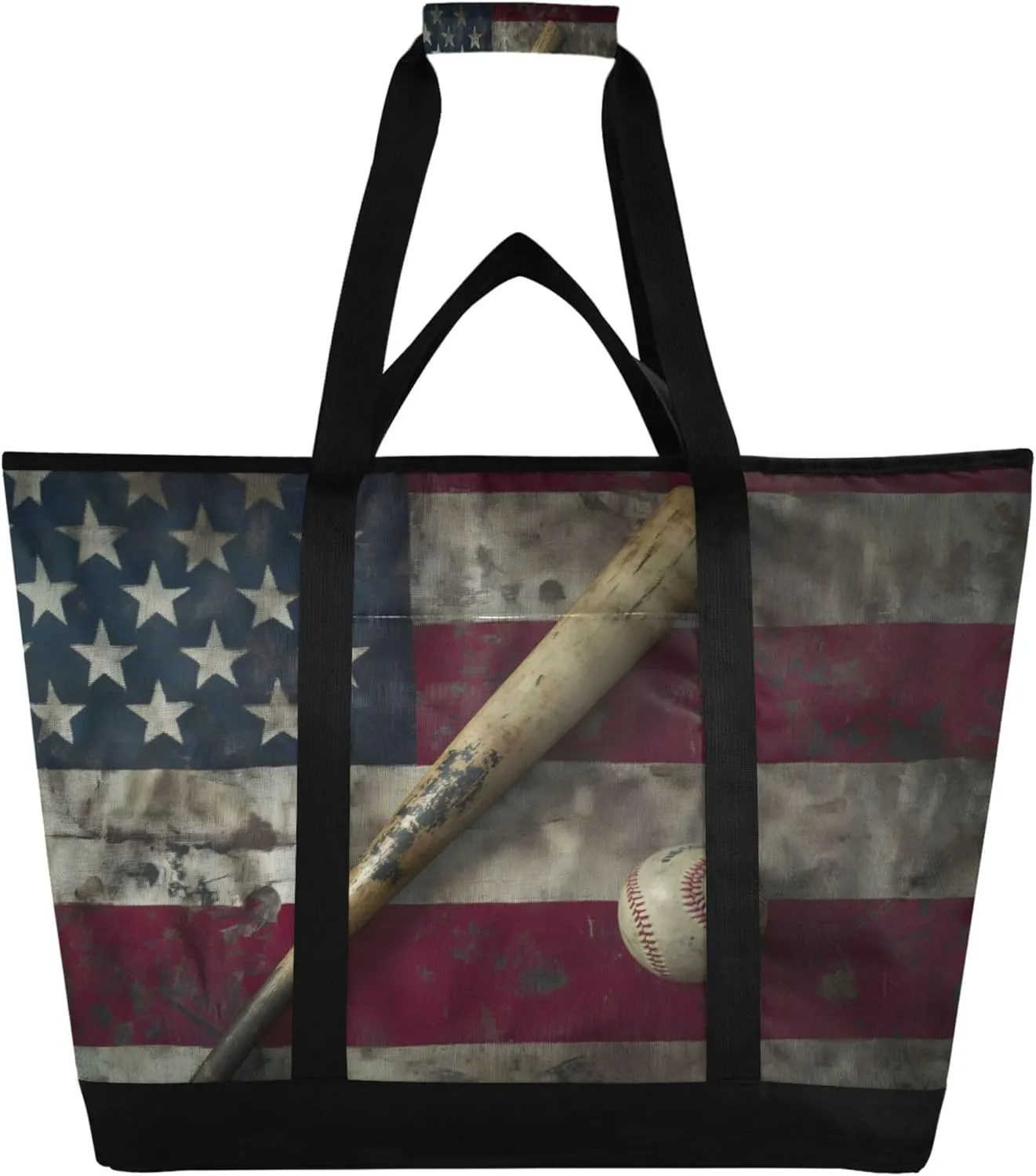 Baseball Reusable Insulated Cooler Bag with Ice Pack Compartment - Large 47L Waterproof Thermal Grocery Tote for Picnic Beach Camping Lunch Storage