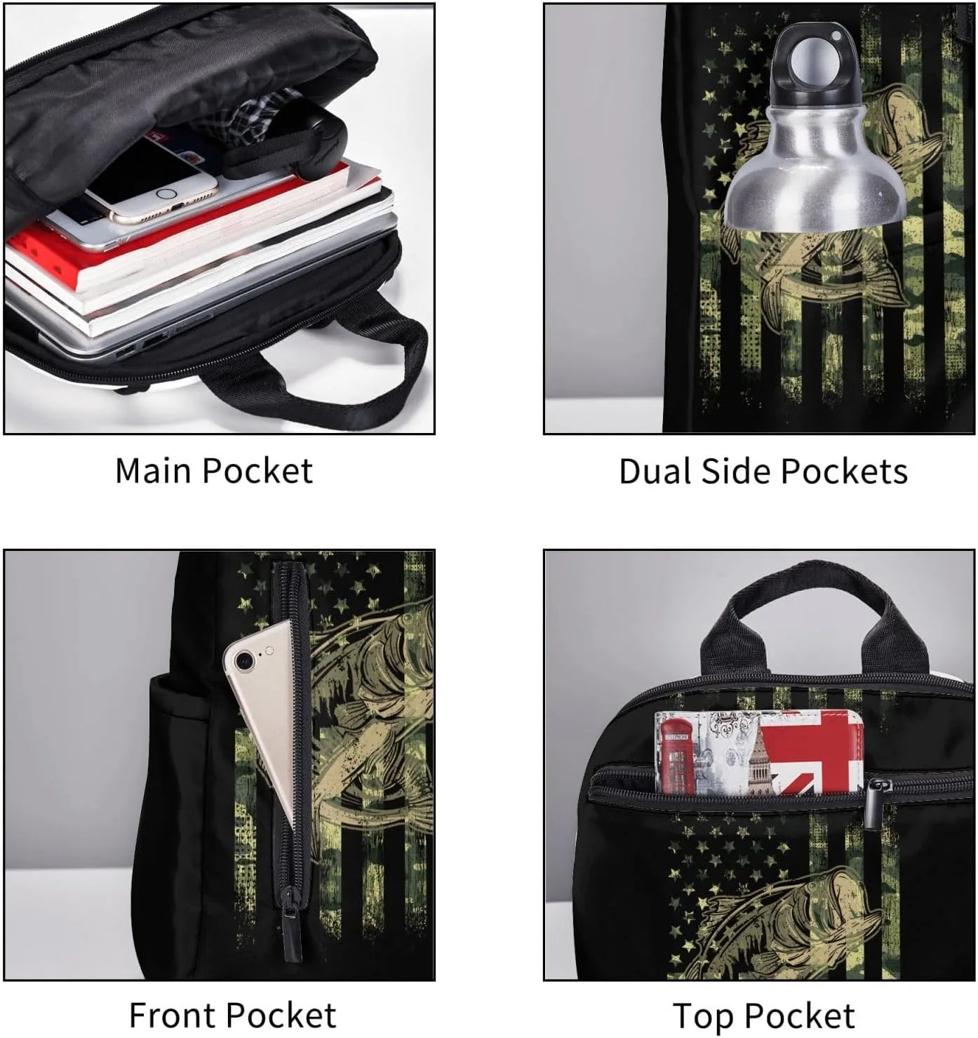 Bass Fishing Hunting Camo Camouflage American Flag backpack business travel anti theft durable backpack college daypacks for women & men
